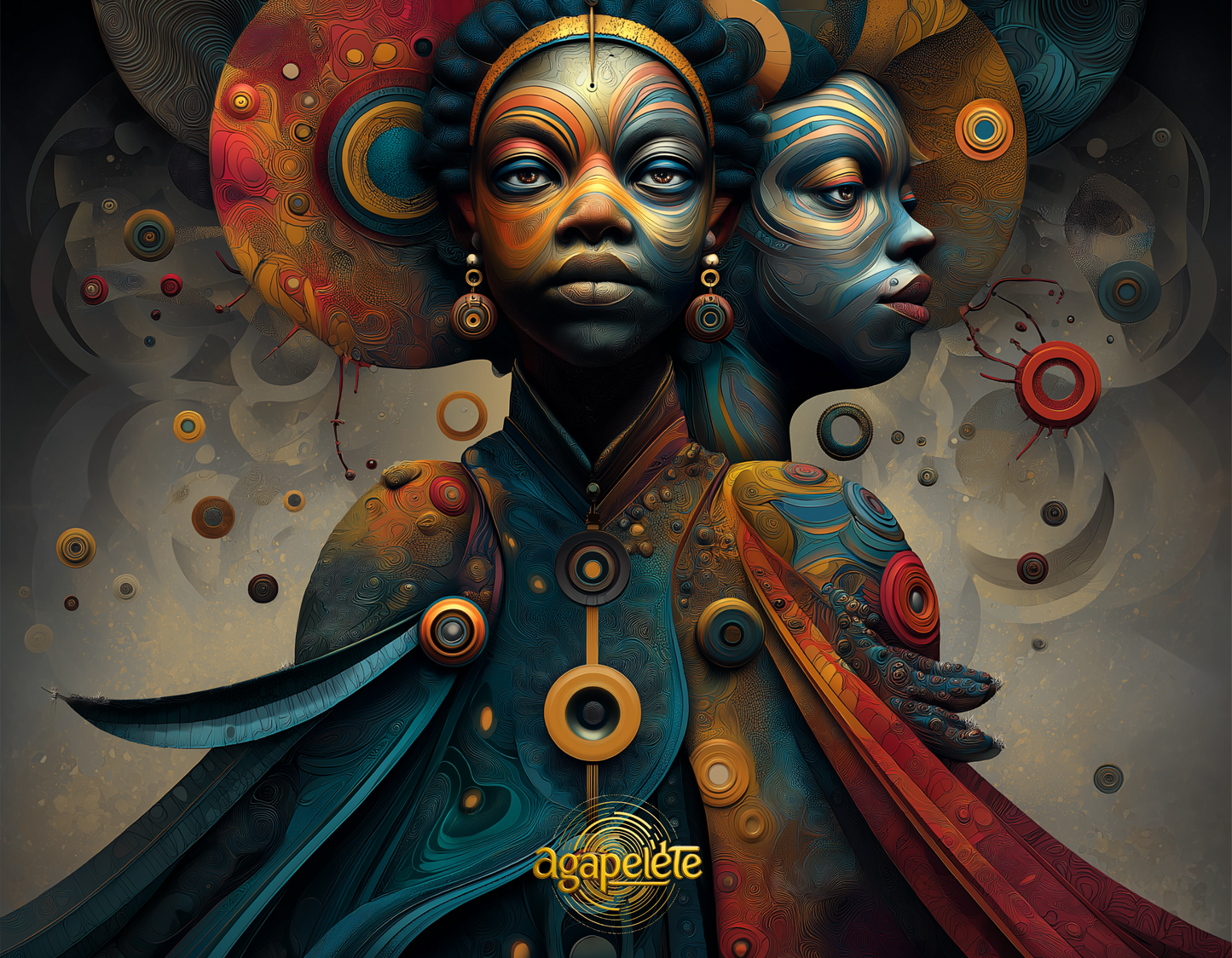 Agapelete artwork titled Eji Ase (Two Powers in Yoruba): two mirrored figures adorned with radiant patterns and halos, symbolizing balance, ancestral energy, and dual spiritual power.