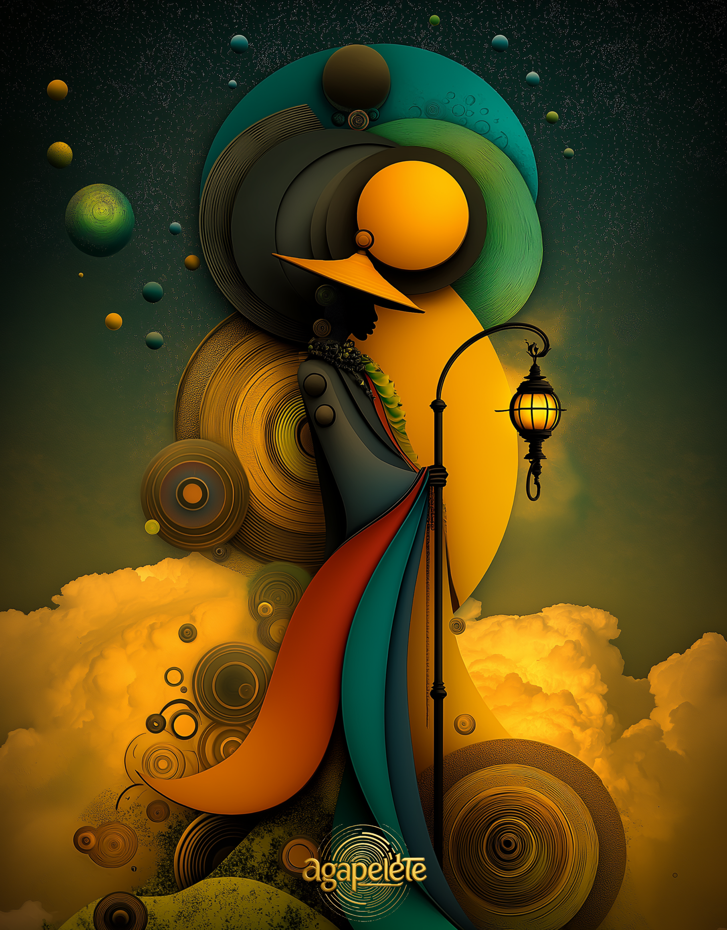Afrofuturistic figure robed in teal, gold, and crimson standing beneath planetary spheres, holding a glowing lantern — a symbolic portrayal of a spiritual guide titled “Lantern Bearer of the Threshold” by Agapelete.