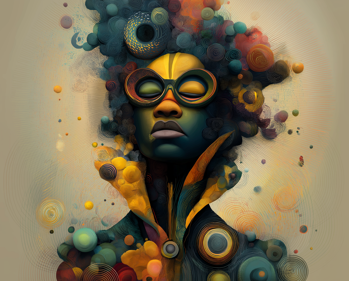 Powerful Afrofuturistic figure with intense golden eyes and explosive geometric crown patterns in gold and teal, representing cosmic consciousness and spiritual vision, titled Oculara