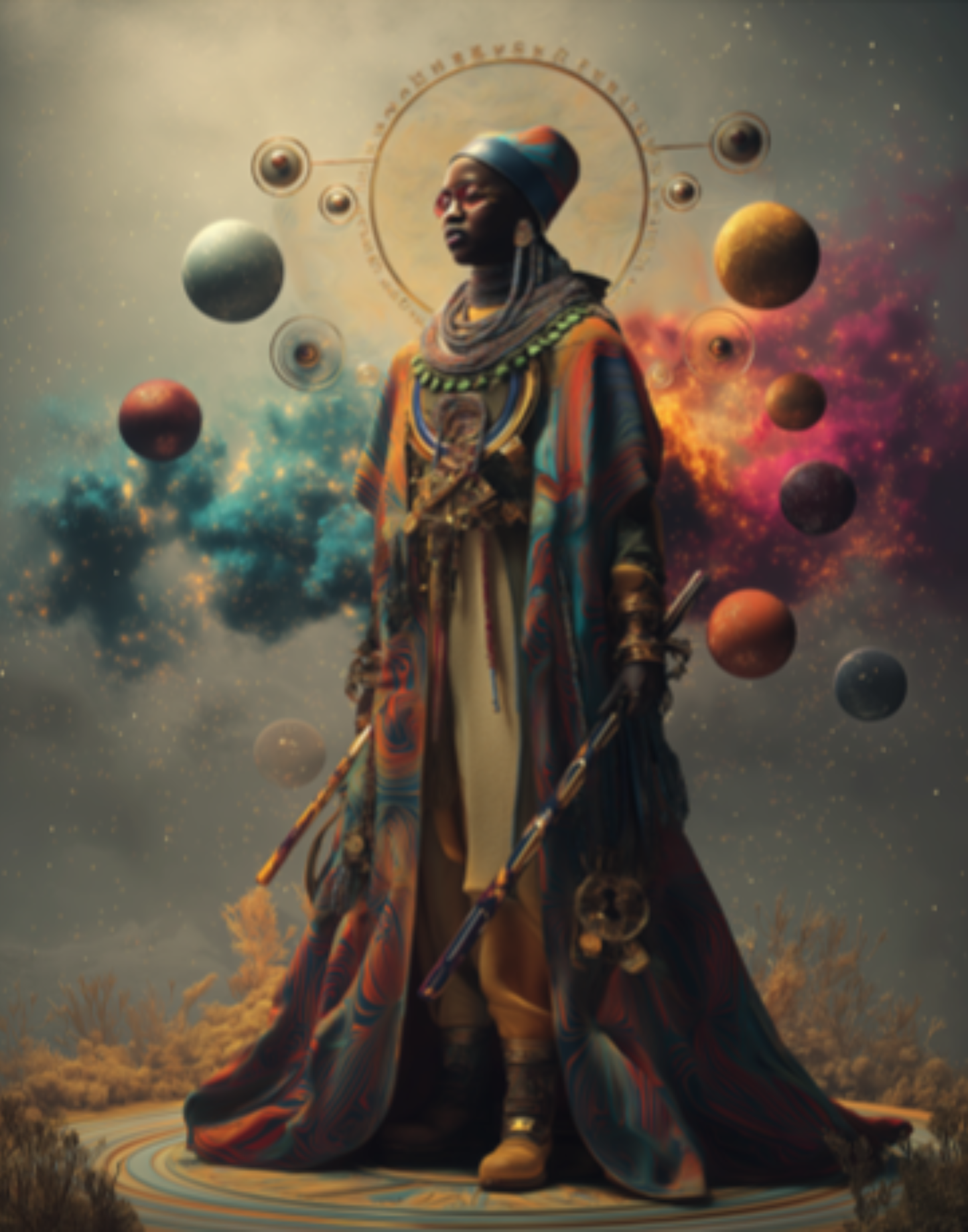 Mystical cosmic figure in ceremonial pose surrounded by floating celestial orbs of various sizes against dramatic cosmic background, representing universal knowledge and stellar wisdom, titled Solar Scribe