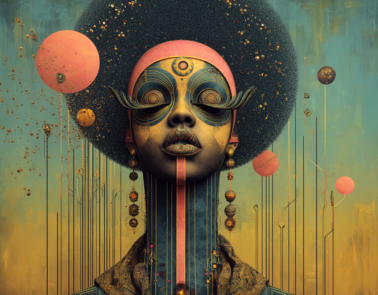 Afrofuturistic portrait of a woman with a cosmic halo and ornate gold-teal eye coils, surrounded by floating spheres and vertical linework on a teal-gold background; titled “The Oracle of 
Starlit Silence” by Agapelete.