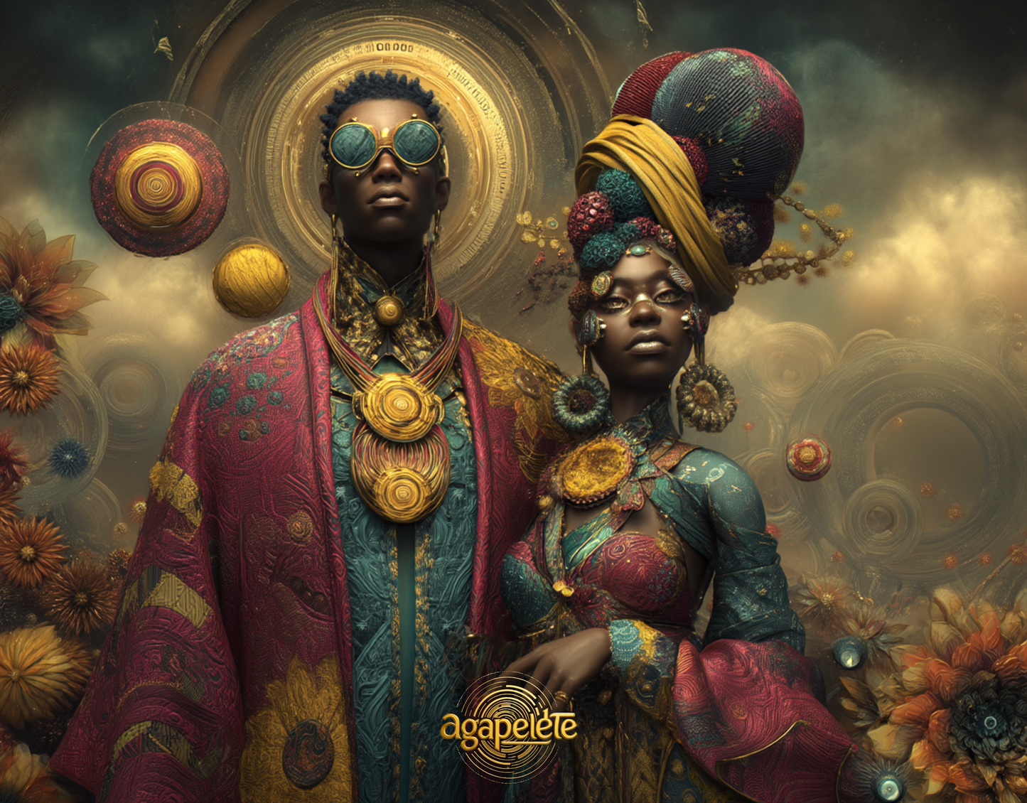 Afrofuturistic digital artwork featuring two regal figures — one male, one female — adorned in red, gold, and turquoise ceremonial attire with radiant solar halos behind them. The image symbolizes divine partnership, ancestral light, and sacred union within the mythic city of Obsidia. “The Solar Consorts of Obsidia” by Agapelete.