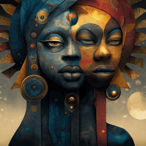 Dual-faced spiritual artwork showing two contrasting aspects in blue-green and golden tones representing integration of opposing forces and consciousness balance, titled Twice Divine