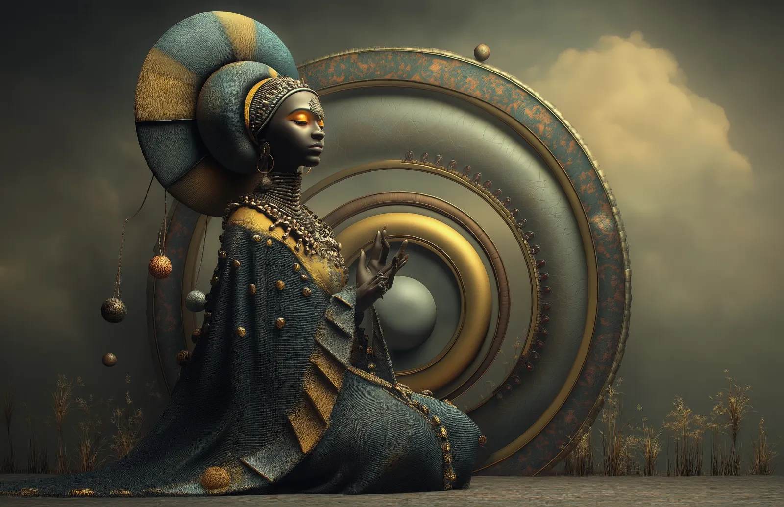 Kneeling Black woman in a large round teal and gold disc headdress with open hands before giant concentric metal rings holding a pale sphere, dry grasses below.