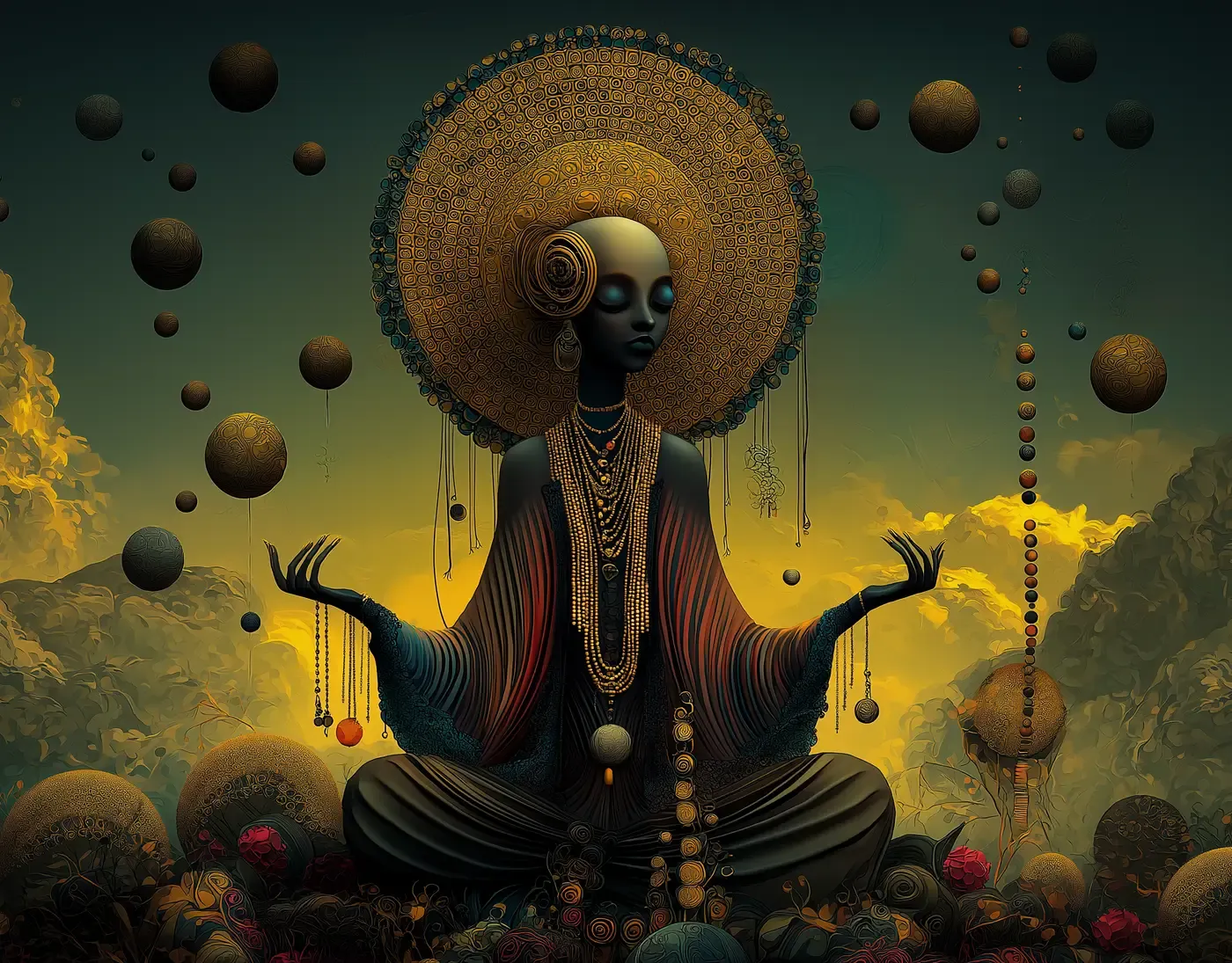 Afrofuturist figure seated in meditation beneath a large golden halo-like disc, surrounded by floating spherical forms in a glowing celestial landscape.