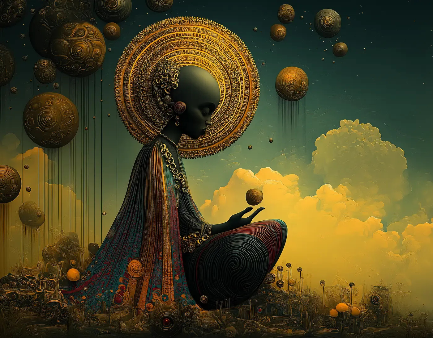 Afrofuturist figure seated in profile beneath a large ornate golden halo, surrounded by floating spherical forms against glowing clouds.