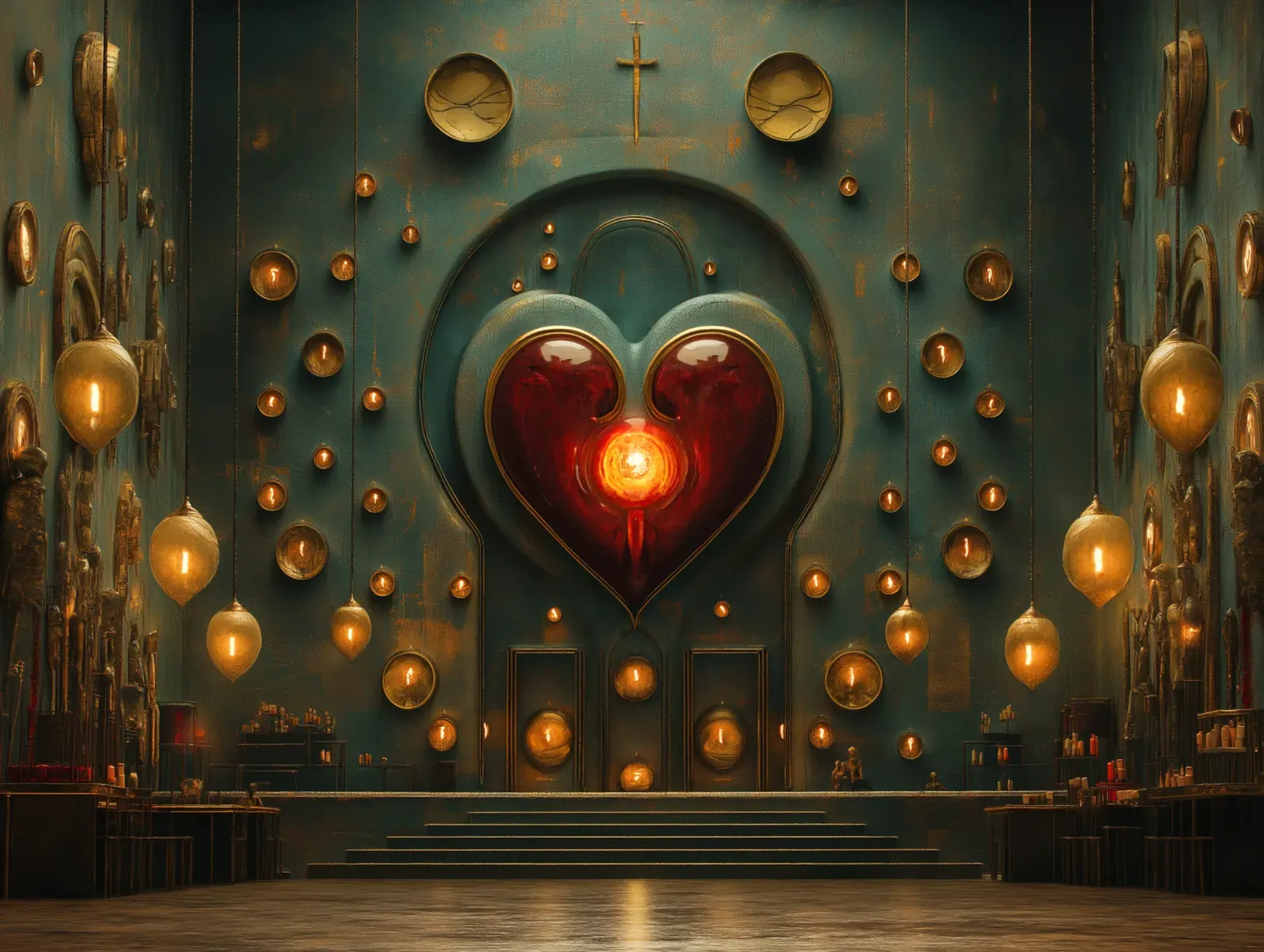 Monumental teal and amber interior centered on a glowing red heart shrine surrounded by suspended lights and symmetrical architectural details.