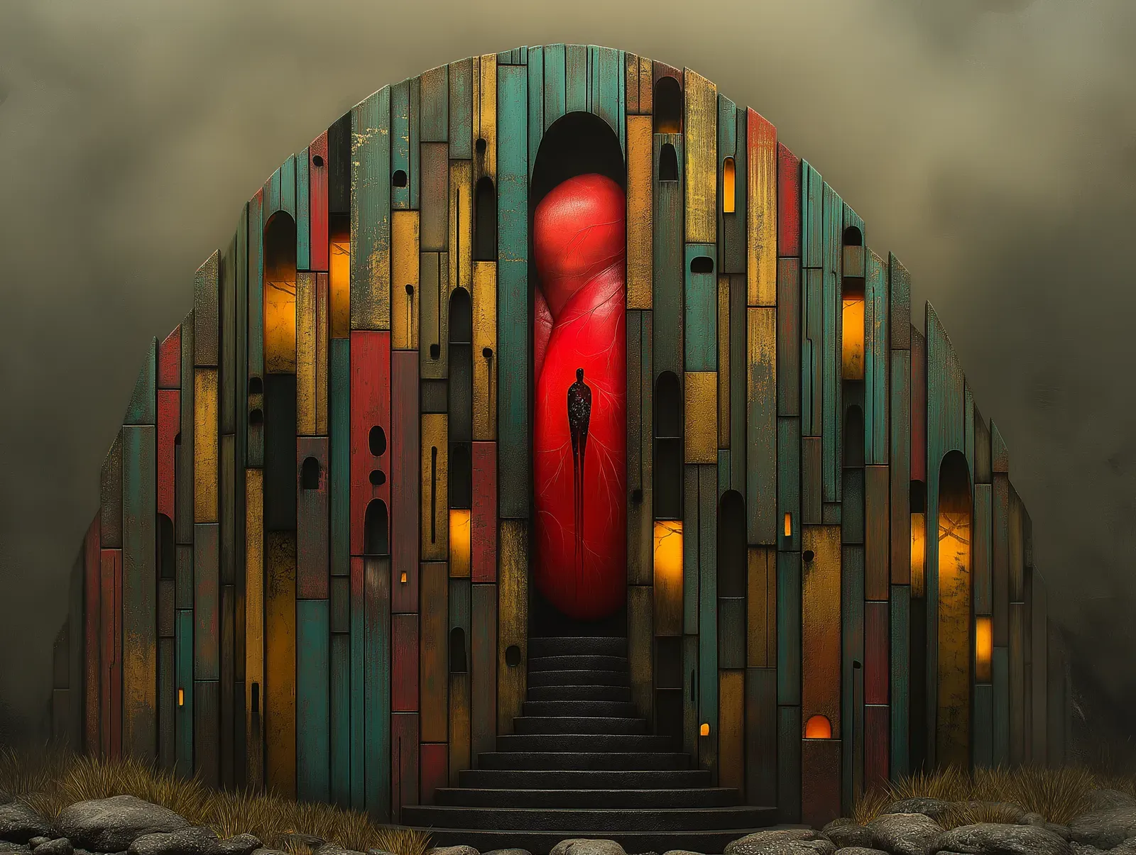 Monumental teal and ochre architectural structure with a tall red inner form and a solitary figure standing in the central threshold.