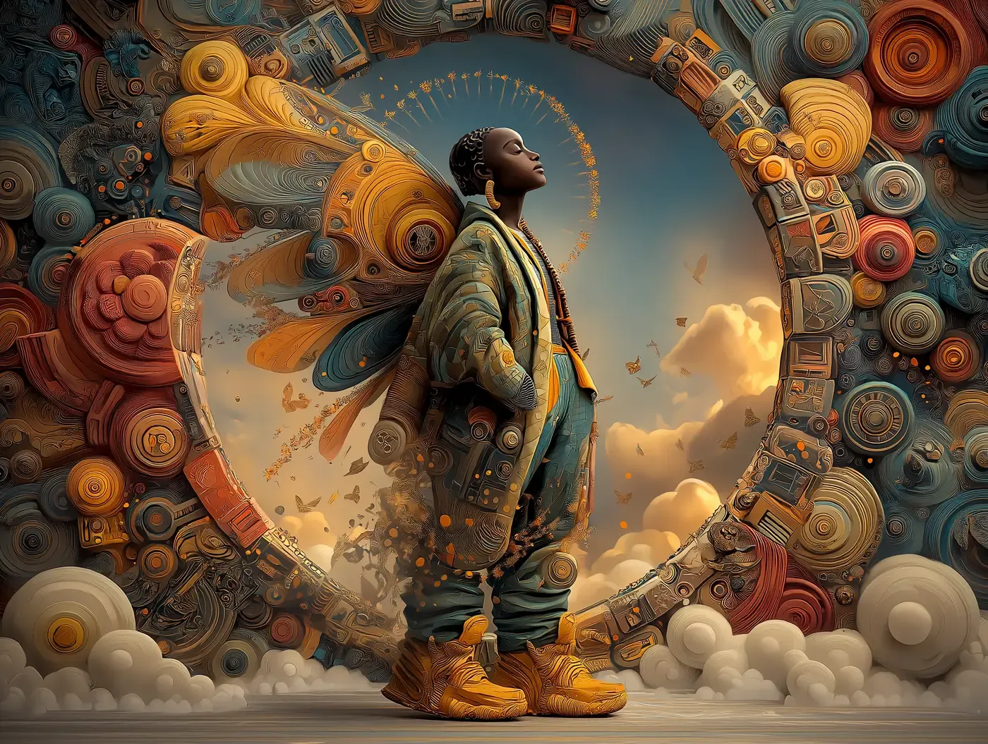 Afrofuturist figure standing inside a large circular ornamental portal with layered discs, clouds, and warm amber-blue tones.