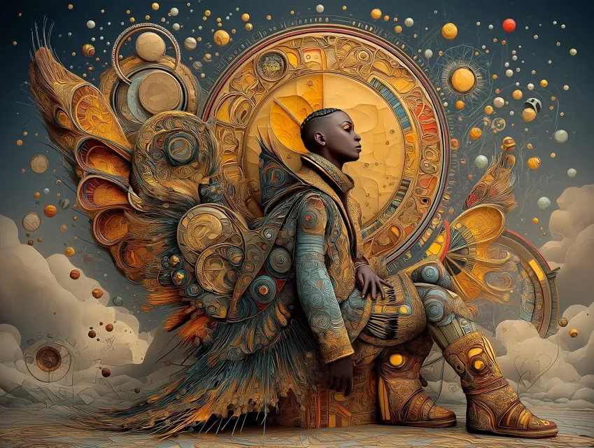Afrofuturist figure seated in profile before a large circular celestial mechanism with wing-like forms, floating planets, and warm gold-blue tones.