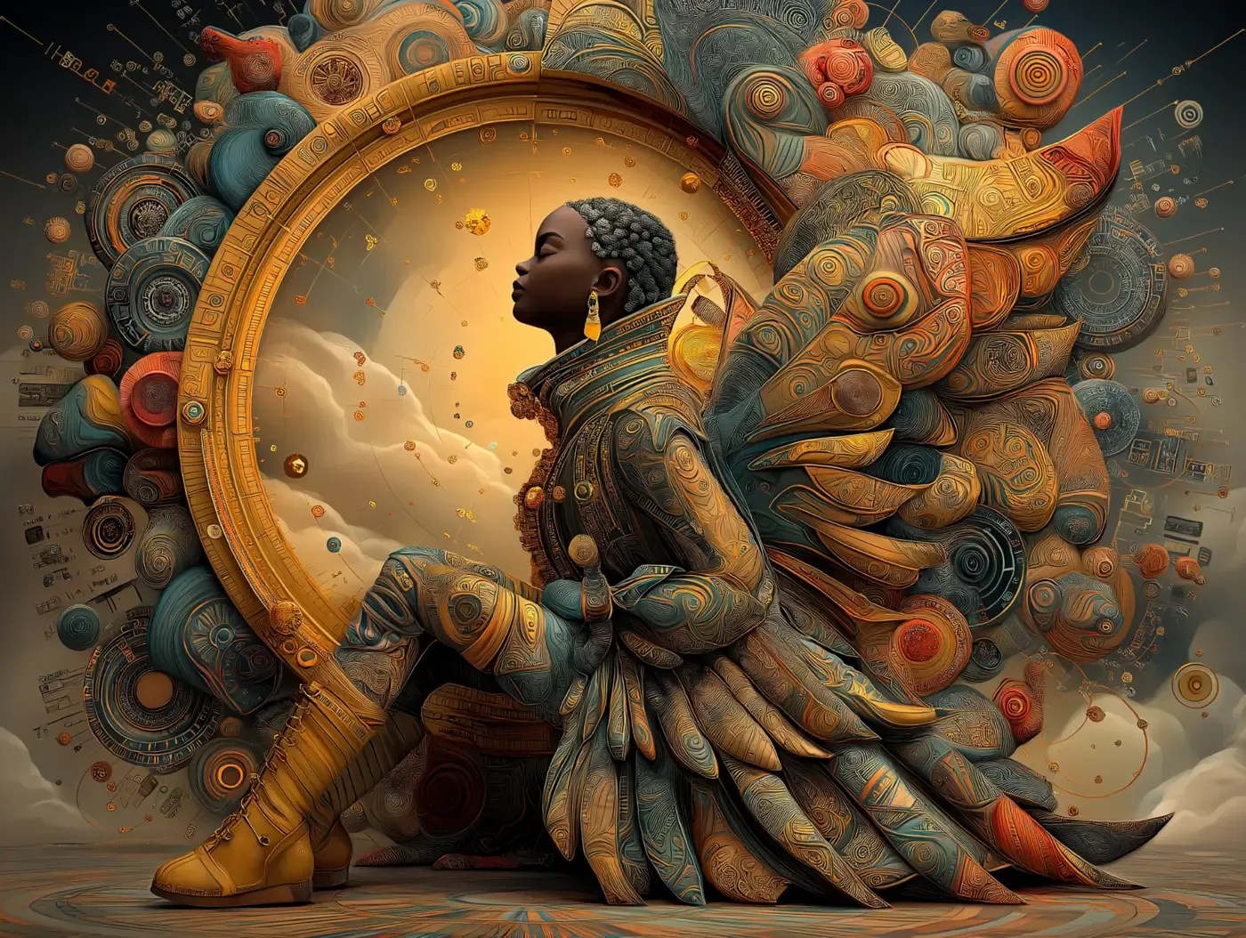 Afrofuturist figure seated in profile before a large glowing golden disc, surrounded by intricate ornamental forms in amber, teal, and copper tones.