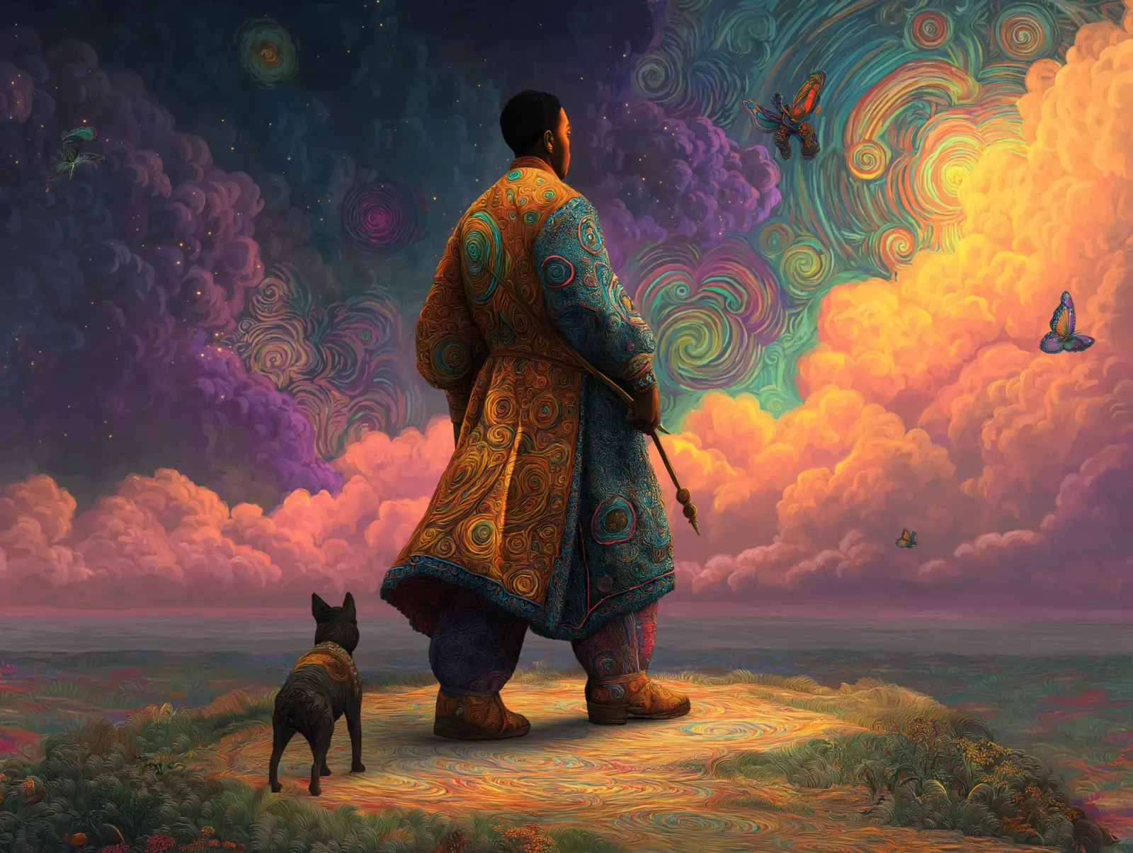 Afrofuturist figure standing with a black dog before a glowing colorful sky filled with swirling clouds and butterflies.