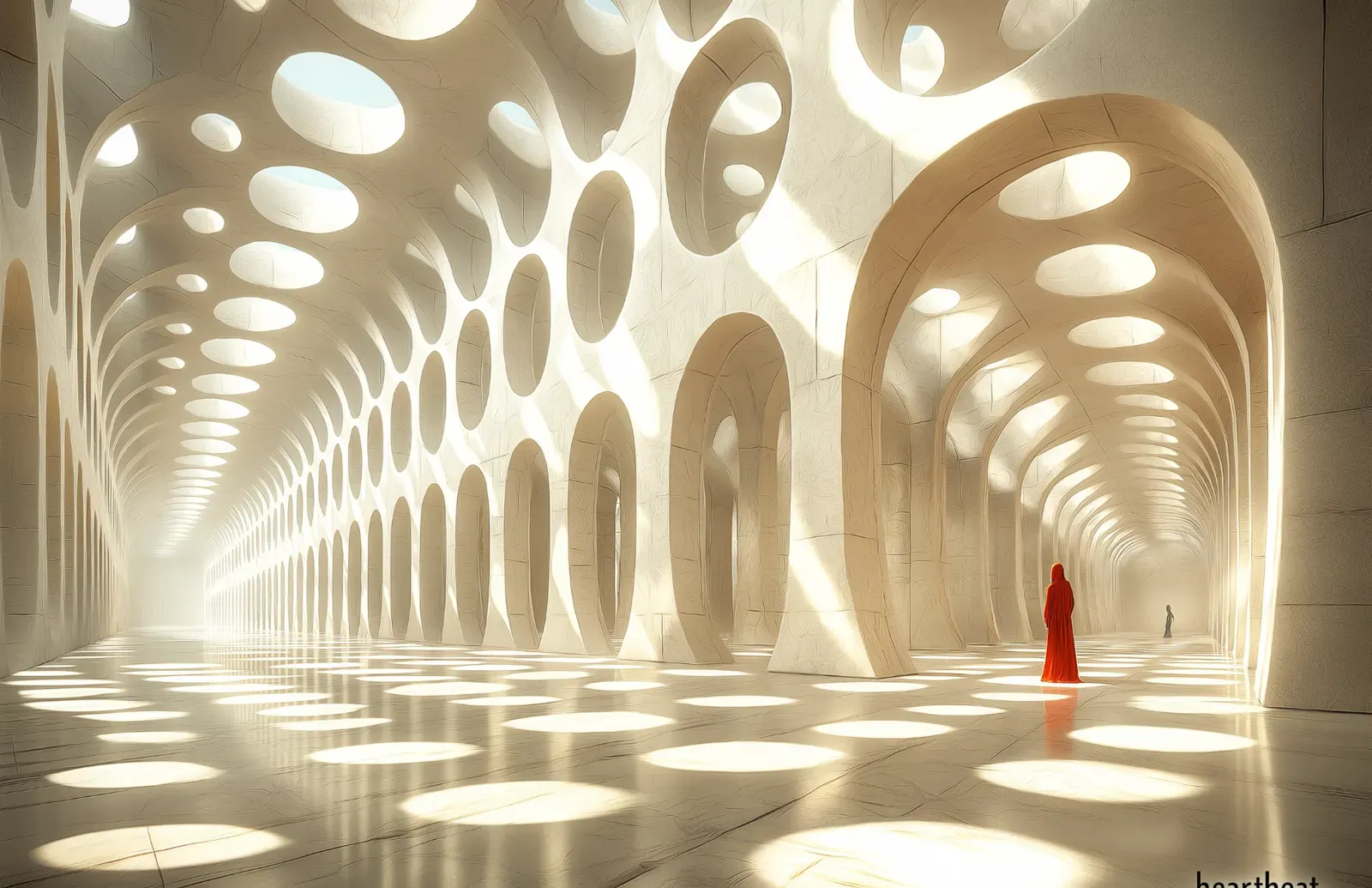 Monumental white architectural corridor filled with oval openings and circular light patterns, with a solitary red-clad figure standing in the distance.