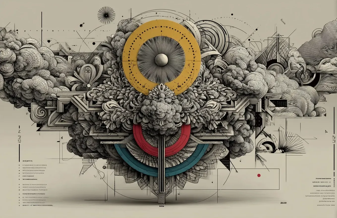 Symmetrical abstract composition of dense floral and geometric forms with circular gold, red, and teal elements on an ivory background.