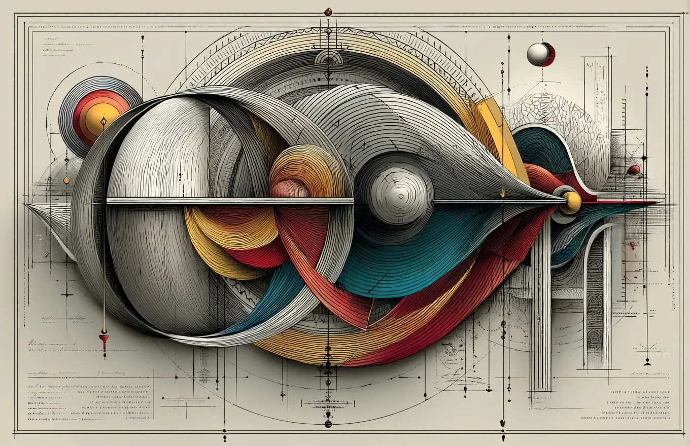 Abstract composition of interlocking curved forms, spheres, and ribbon-like teal, red, gold, black, and white shapes on an ivory background.