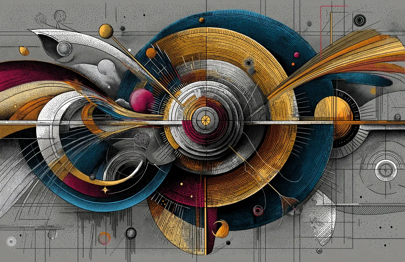 Abstract graphic composition with concentric circular forms, sweeping teal and gold arcs, magenta accents, and radiating lines on a gray ground.