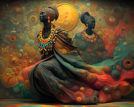 Agapelete artwork titled Zafirae: two regal African women in flowing jewel-toned garments, adorned with ornate necklaces, standing beneath a golden moon with swirling abstract patterns, Afrofuturistic and ancestral in style.