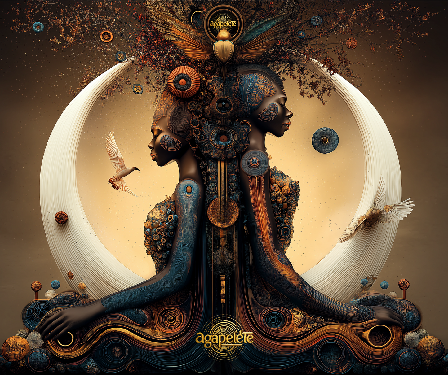 Two Afrofuturistic figures seated back-to-back in meditation pose, adorned in bronze and teal geometric patterns, surrounded by large white crescent arc and floating golden orbs, digital art titled Amunara
