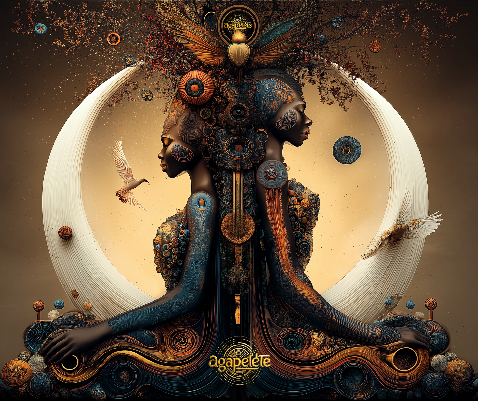 Two Afrofuturistic figures seated back-to-back in meditation pose, adorned in bronze and teal geometric patterns, surrounded by large white crescent arc and floating golden orbs, digital art titled Amunara