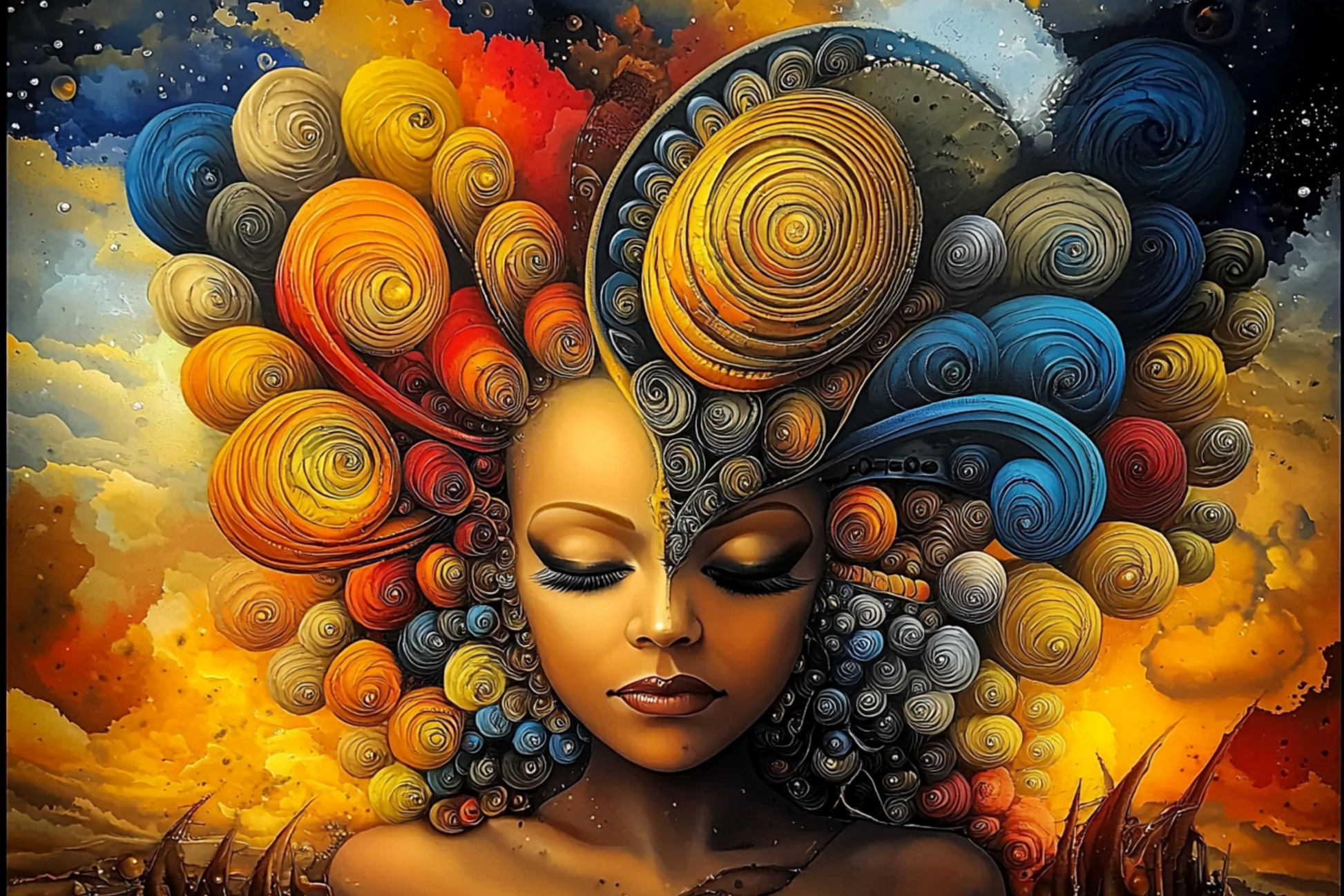 Serene figure with elaborate cosmic crown featuring swirling planets and celestial orbs in vibrant gold, blue and orange colors representing cosmic consciousness and universal wisdom, titled Aurora's Crown