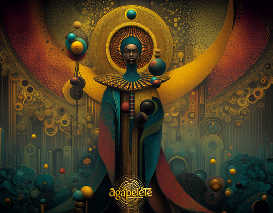 Afrofuturistic digital artwork of a regal figure in teal and crimson robes with a radiant golden crown, surrounded by orbiting spheres and intricate cosmic patterns. Artwork titled “Crown of the Silent Constellations” by Agapelete.