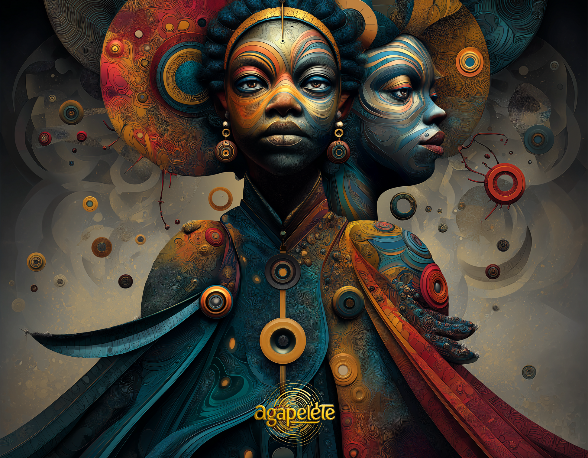 Agapelete artwork titled Eji Ase (Two Powers in Yoruba): two mirrored figures adorned with radiant patterns and halos, symbolizing balance, ancestral energy, and dual spiritual power.