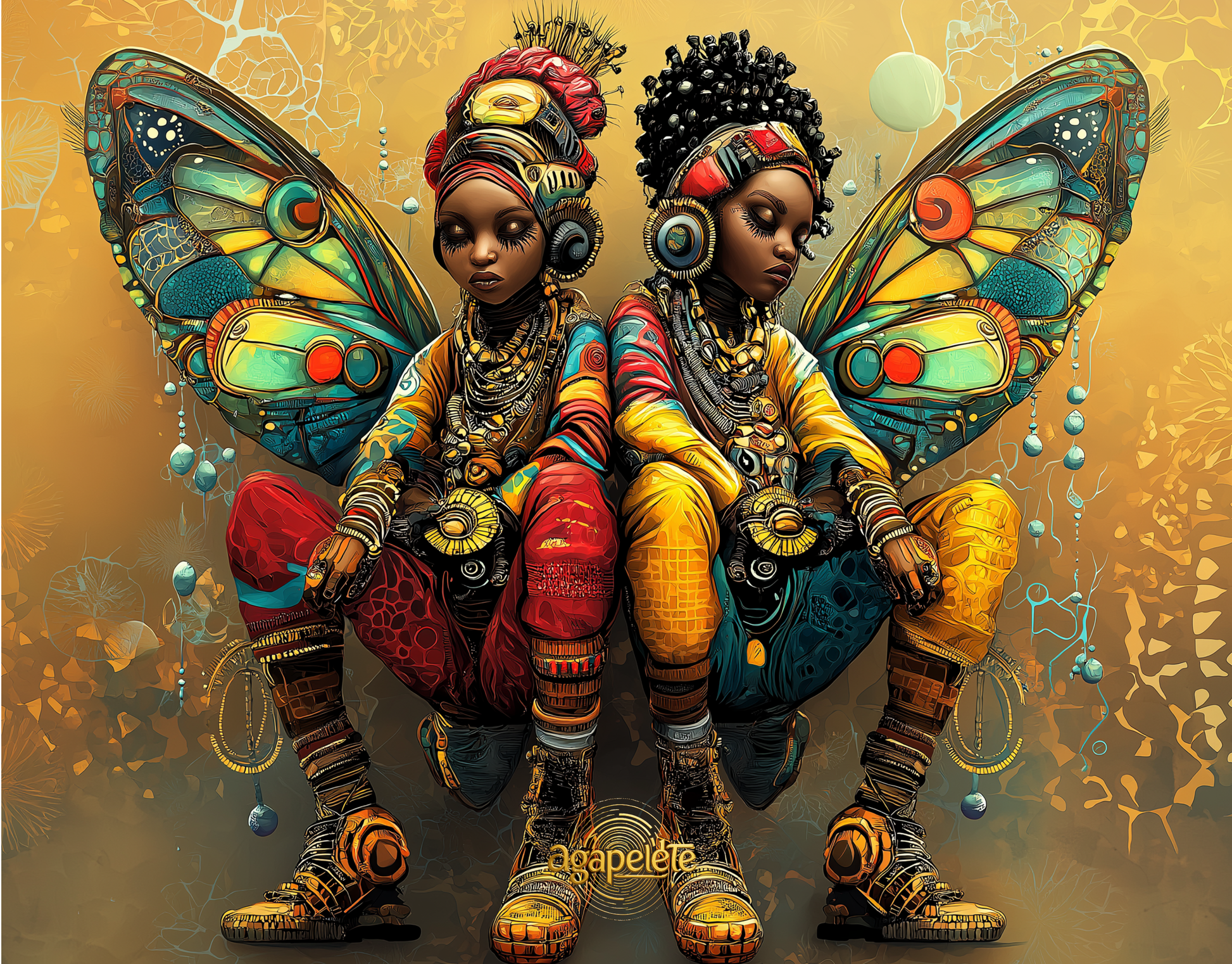 Three magnificent beings with iridescent butterfly wings and ornate ceremonial attire in vibrant colors representing guardians of transformation and spiritual metamorphosis, titled Guardians of the Chrysalis