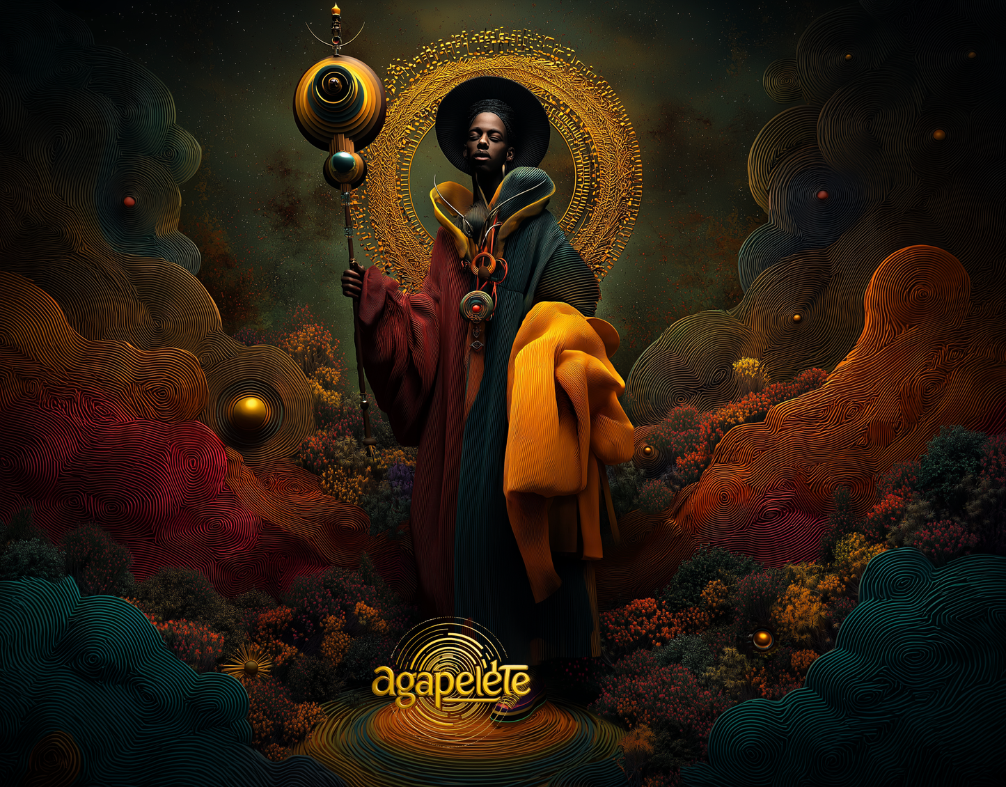 Afrofuturistic artwork of a regal figure in crimson, gold, and emerald robes holding a celestial staff with orbs and a crescent, framed by a radiant golden halo amid a swirling cosmic landscape. “The Keeper of Ember Orbits” by Agapelete.

