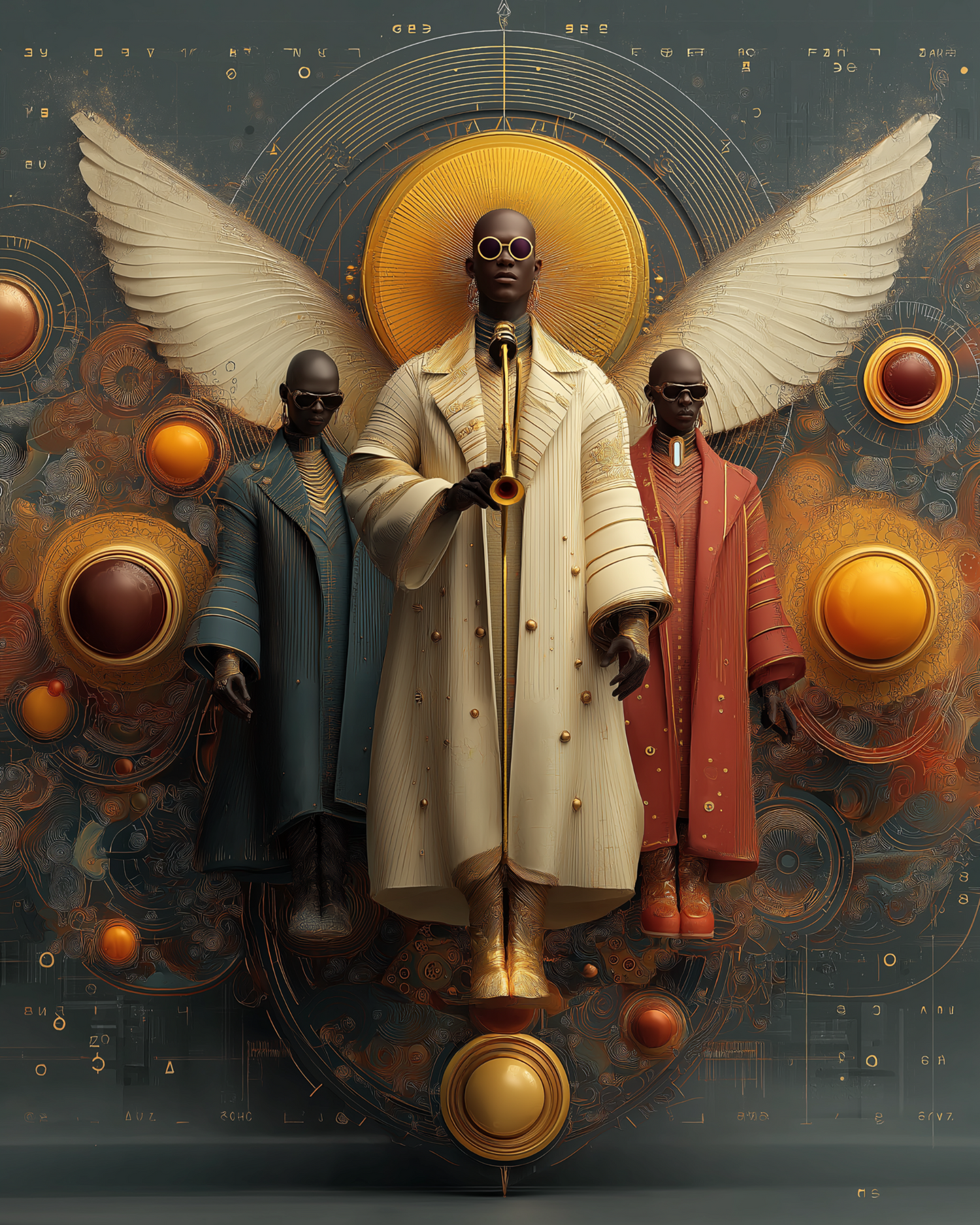Three Afrofuturistic angelic figures with golden wings standing in formation, central figure holding trumpet, surrounded by floating golden orbs, celestial spiritual art titled Luminary Accord