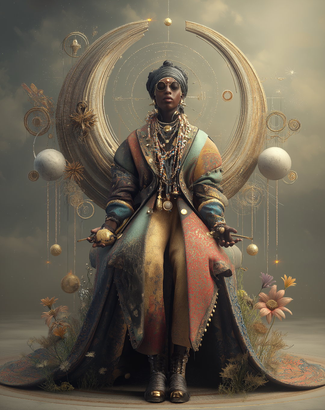 Majestic lunar priestess in ornate ceremonial robes and elaborate headdress against golden radiant backdrop, representing divine feminine wisdom and lunar energy, titled Moon Sister