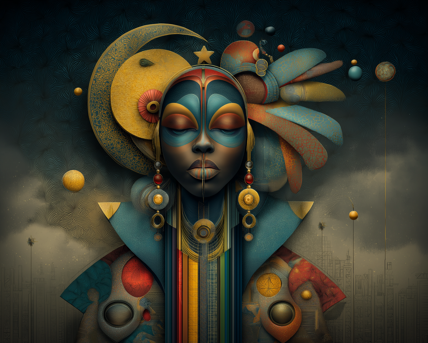 Agapelete artwork titled Nubarah: regal figure adorned with celestial ornaments, crowned by a crescent moon and planetary spheres, blending Afrofuturistic geometry with ancestral elegance.