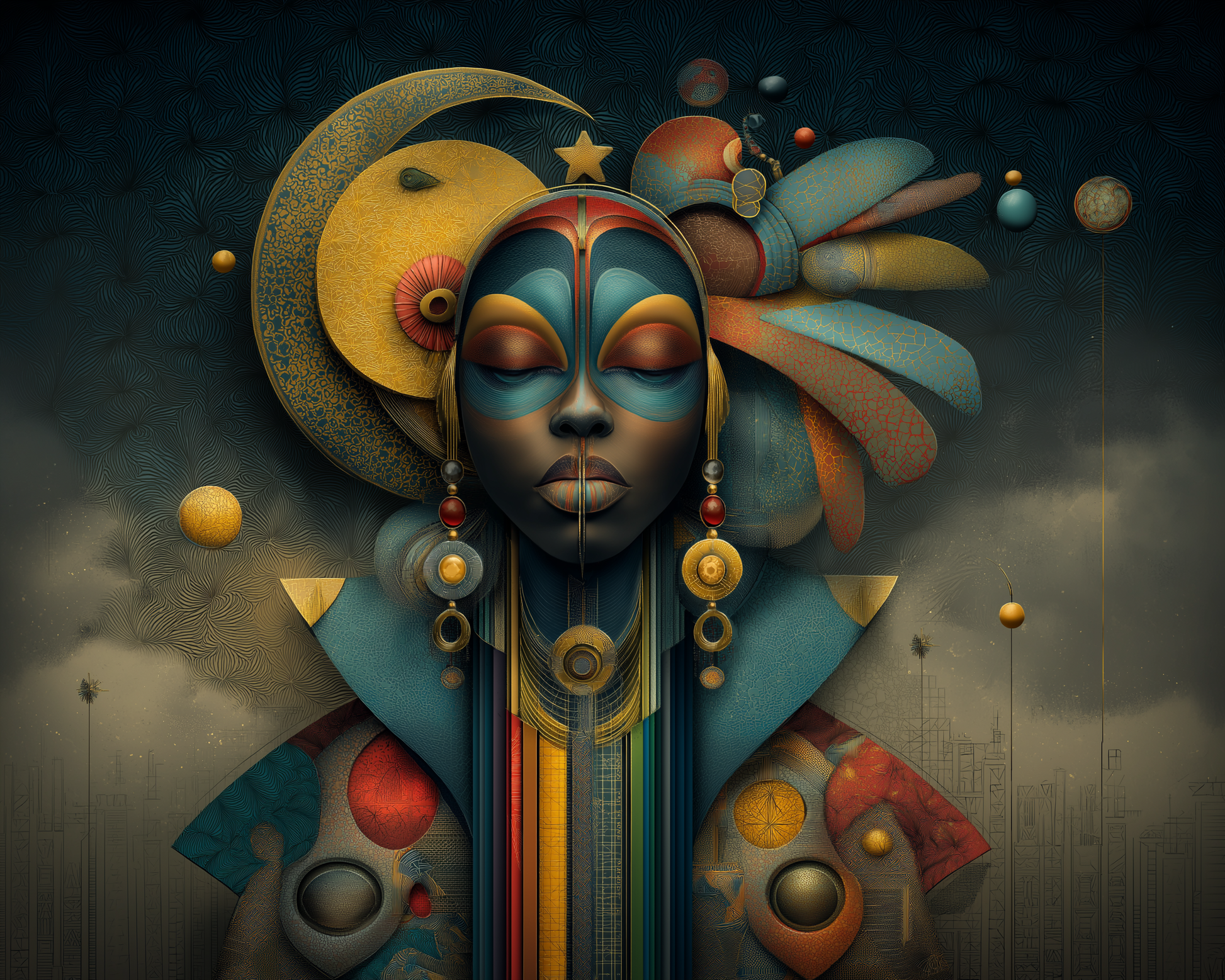 Agapelete artwork titled Nubarah: regal figure adorned with celestial ornaments, crowned by a crescent moon and planetary spheres, blending Afrofuturistic geometry with ancestral elegance.
