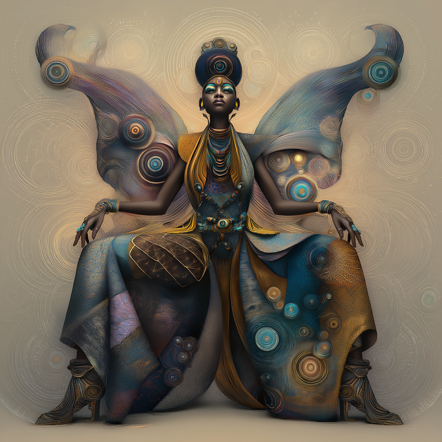 Agapelete artwork titled Orivessa: regal seated figure with butterfly-like cosmic wings, adorned in geometric patterns and luminous robes, symbolizing transformation, sovereignty, and ancestral destiny