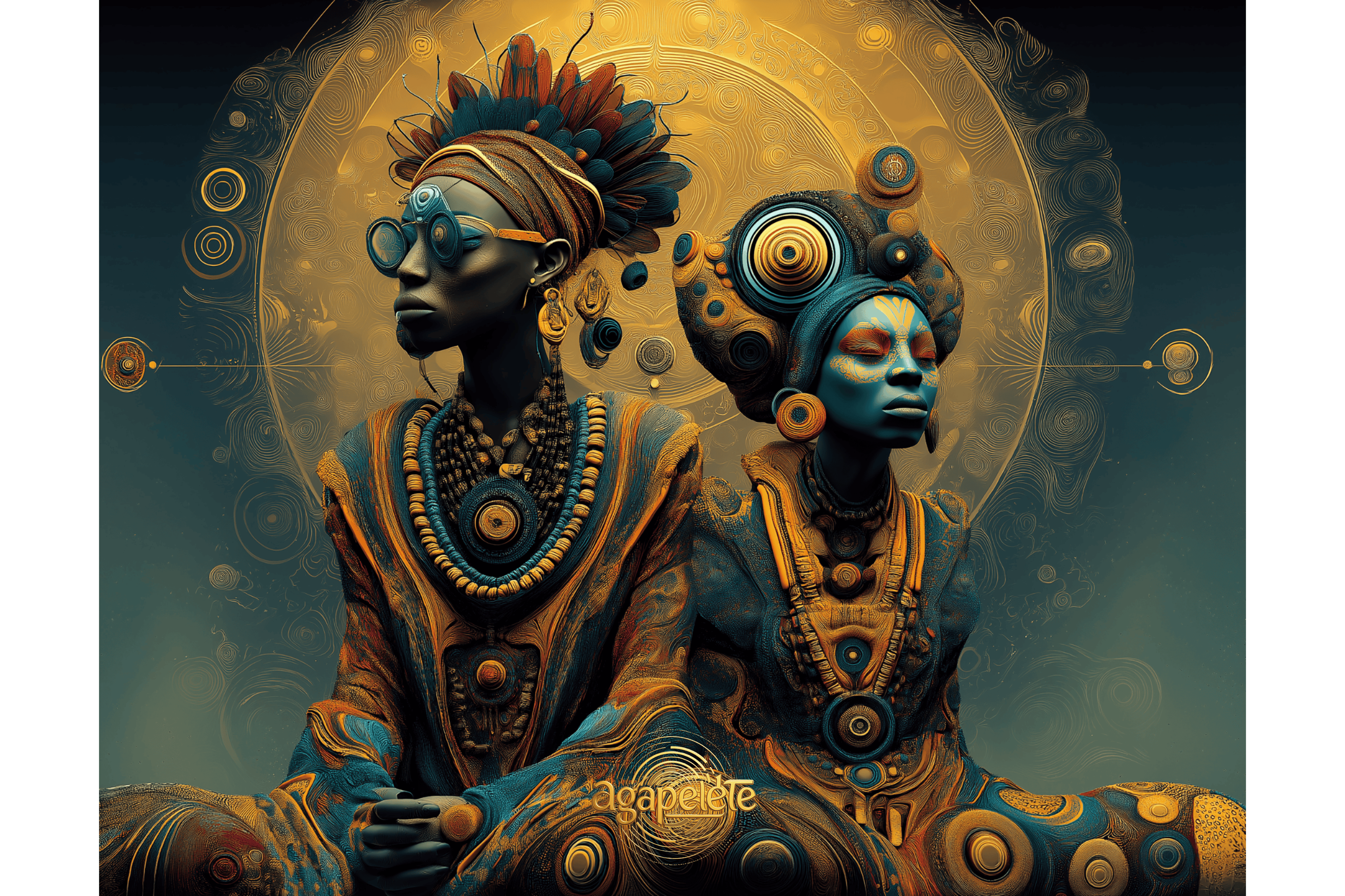 Afrofuturistic digital artwork titled "So Soular" featuring two stylized African figures in warm golden tones, layered textures, and cosmic symbolism. Branded with the Agapelete name.