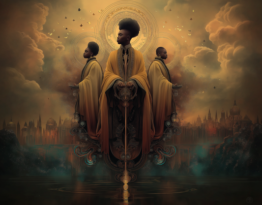 Agapelete artwork titled Soul Thrones: three regal figures robed in gold, crowned with radiant halos, standing in unity before a celestial cityscape with birds in flight, symbolizing ancestral sovereignty and divine guardianship.