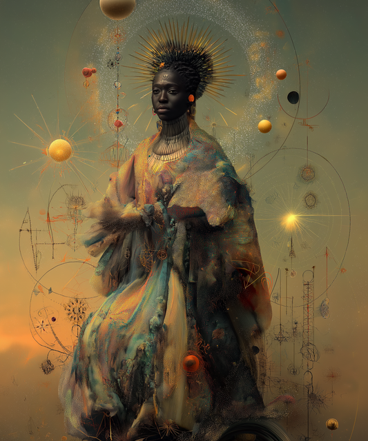 Agapelete artwork titled Tahleira: regal figure crowned with a radiant sunburst, adorned in cosmic robes with surrounding orbits and planetary spheres, embodying ancestral sovereignty and celestial power.