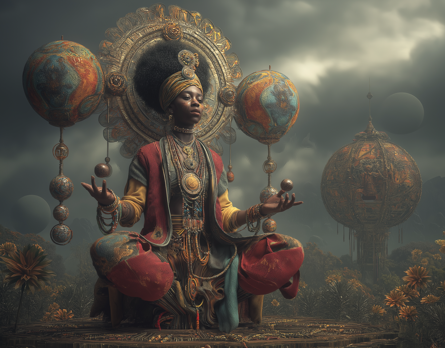 Afrofuturistic figure seated in meditation, balancing celestial spheres in both hands, adorned in regal robes with planetary globes suspended around them — a symbolic depiction of cosmic balance titled “The Axis of Worlds” by Agapelete.
  </em></p>