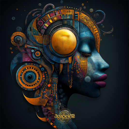  Afrofuturism, square print, visionary art, archetypal psyche, Emerson Oversoul, Jungian symbolism,
    Rilke inspired, celestial circuitry, digital portrait, cosmic mind, modern mythology, Agapelete, 14x14