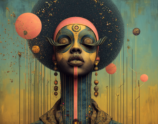 Afrofuturistic portrait of a woman with a cosmic halo and ornate gold-teal eye coils, surrounded by floating spheres and vertical linework on a teal-gold background; titled “The Oracle of 
Starlit Silence” by Agapelete.
