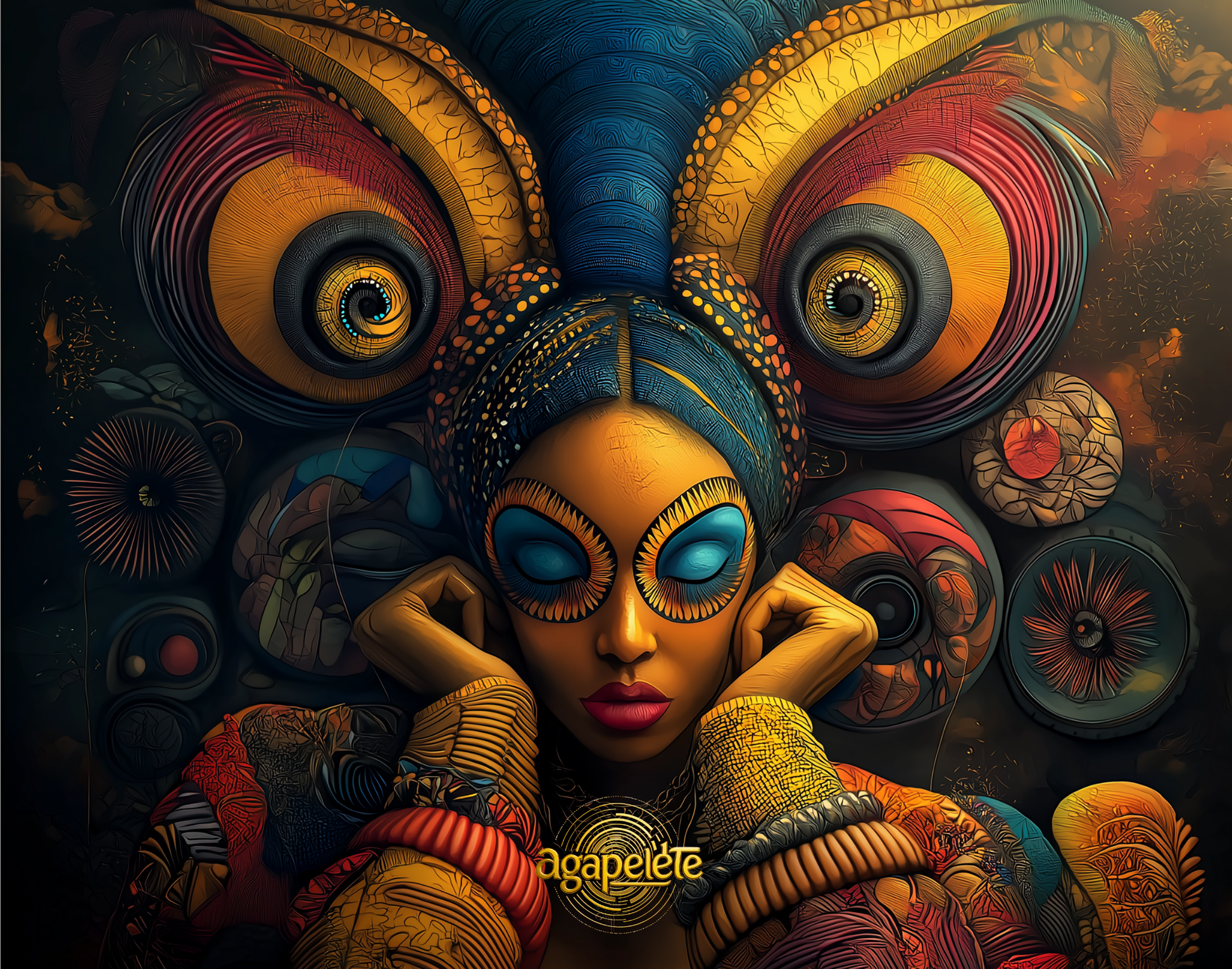 Agapelete artwork titled Visyra: regal figure with enormous wing-like eyes above her head, adorned with vibrant patterns and jewelry, symbolizing vision as song and ancestral guardianship.