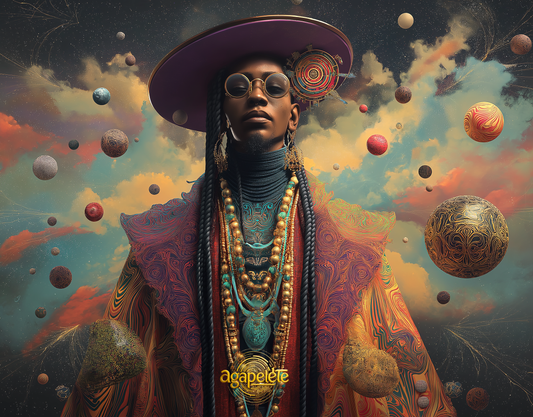Regal figure with long braids wearing a wide, brimmed hat and ornate jewelry stands amid floating planets against a vibrant, swirling sky. Afrofuturistic digital art by Agapelete.