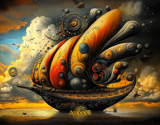 Agapelete artwork titled Where Wind Remembers: a mythic ship with luminous, wing-like sails glowing in gold and orange, symbolizing ancestral journeys carried by the wind of memory.