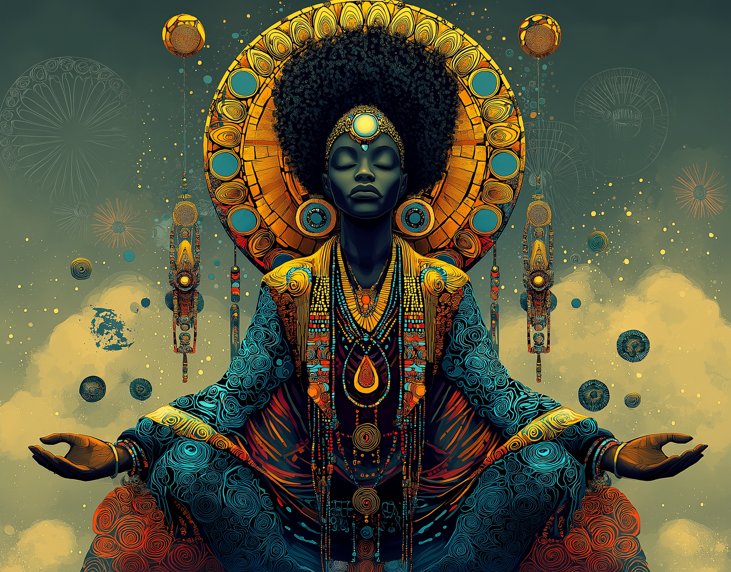 Agapelete artwork titled Zenyara: regal figure seated in meditation, haloed by golden sacred geometry, adorned with intricate jewelry and surrounded by celestial orbs, embodying ancestral stillness and cosmic balance
