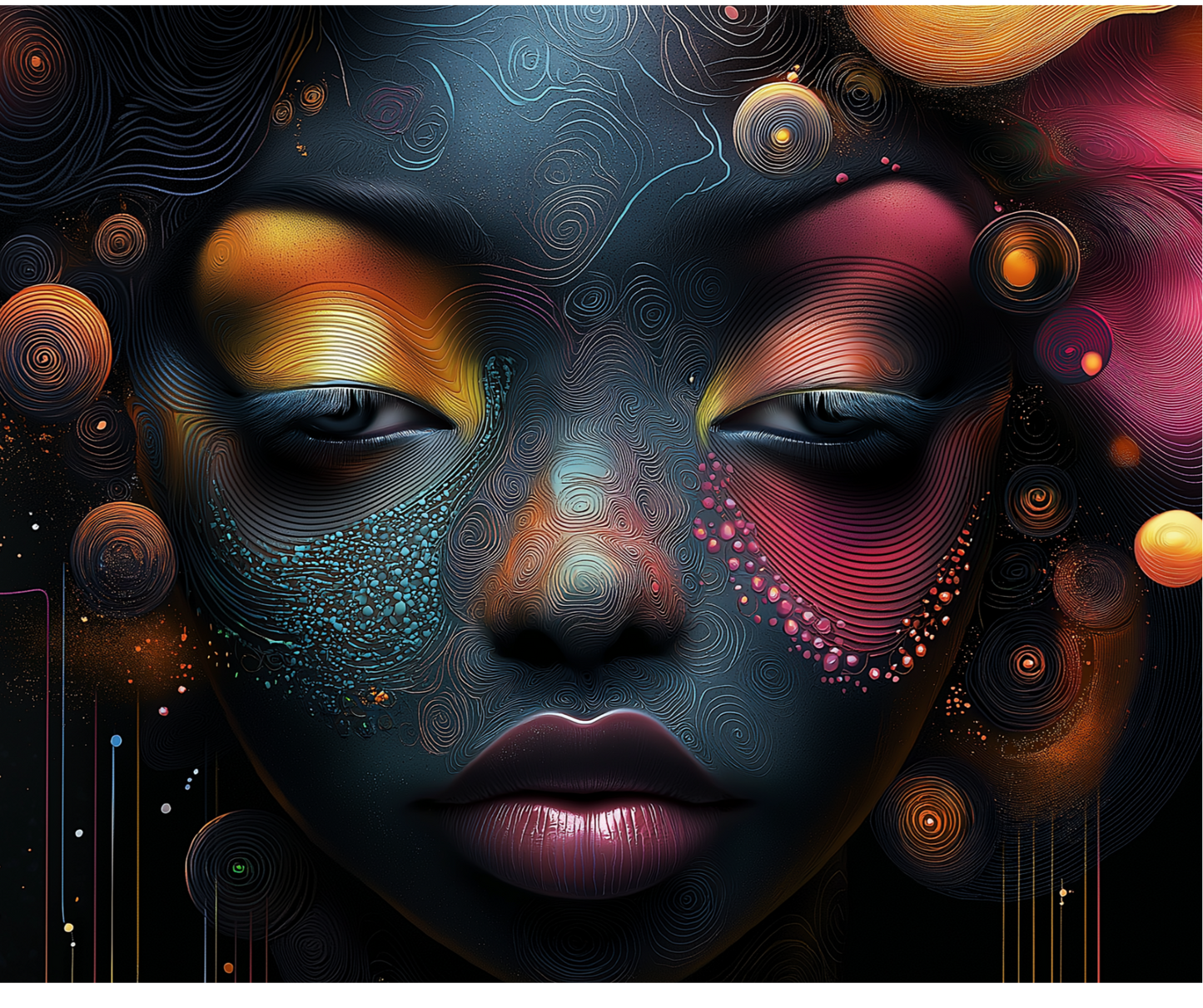 Dream Skin abstract digital art featuring flowing cosmic forms in blues and golds, perfect for large format printing