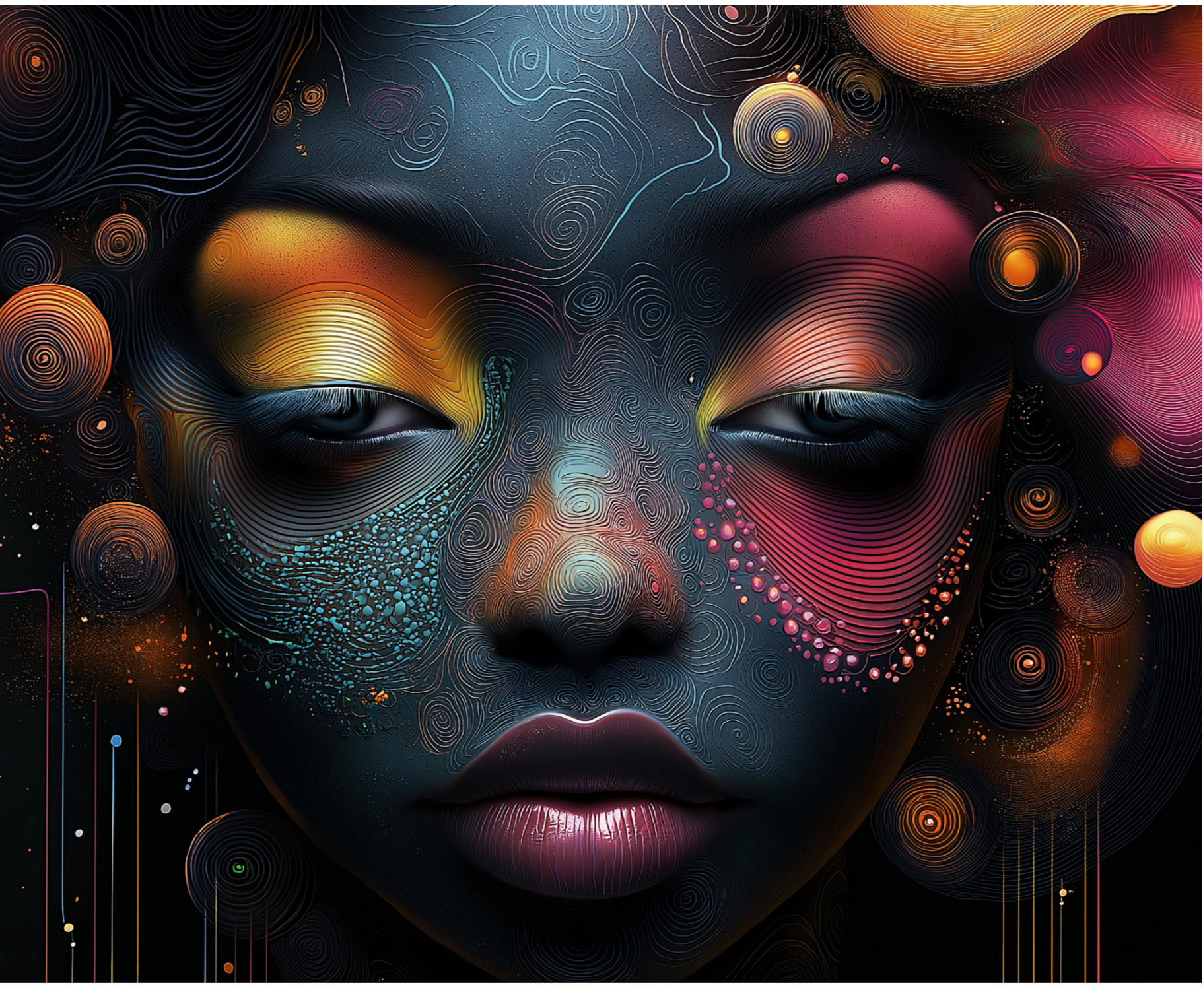 Dream Skin abstract digital art featuring flowing cosmic forms in blues and golds, perfect for large format printing