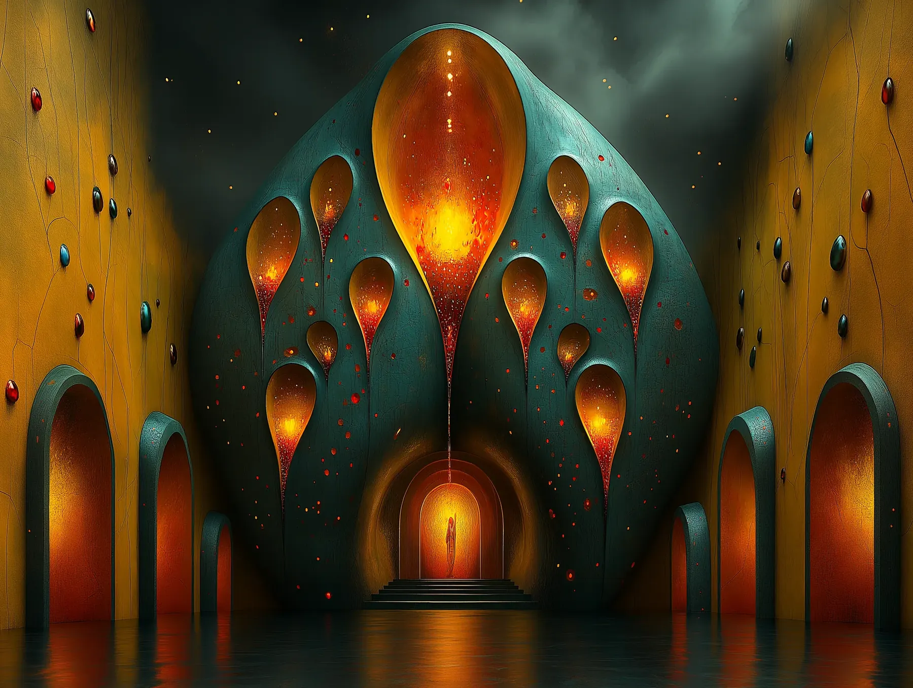Monumental Afrofuturist interior with glowing amber chambers inside a sculptural teal structure and a solitary figure standing in a radiant central doorway.