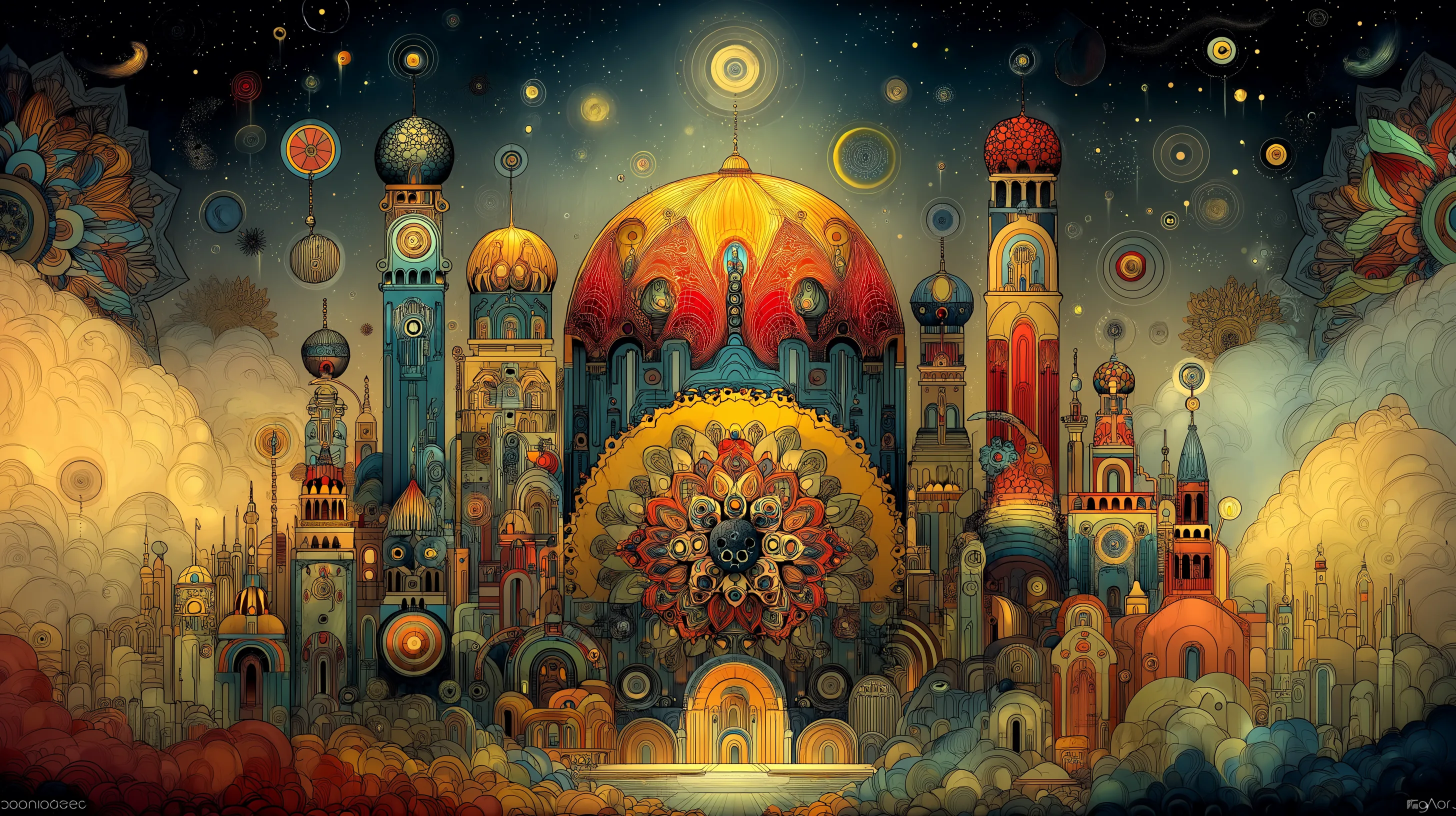 Symmetrical fantasy palace with a giant yellow flower above its dome and a glowing golden gate reflected in still water.