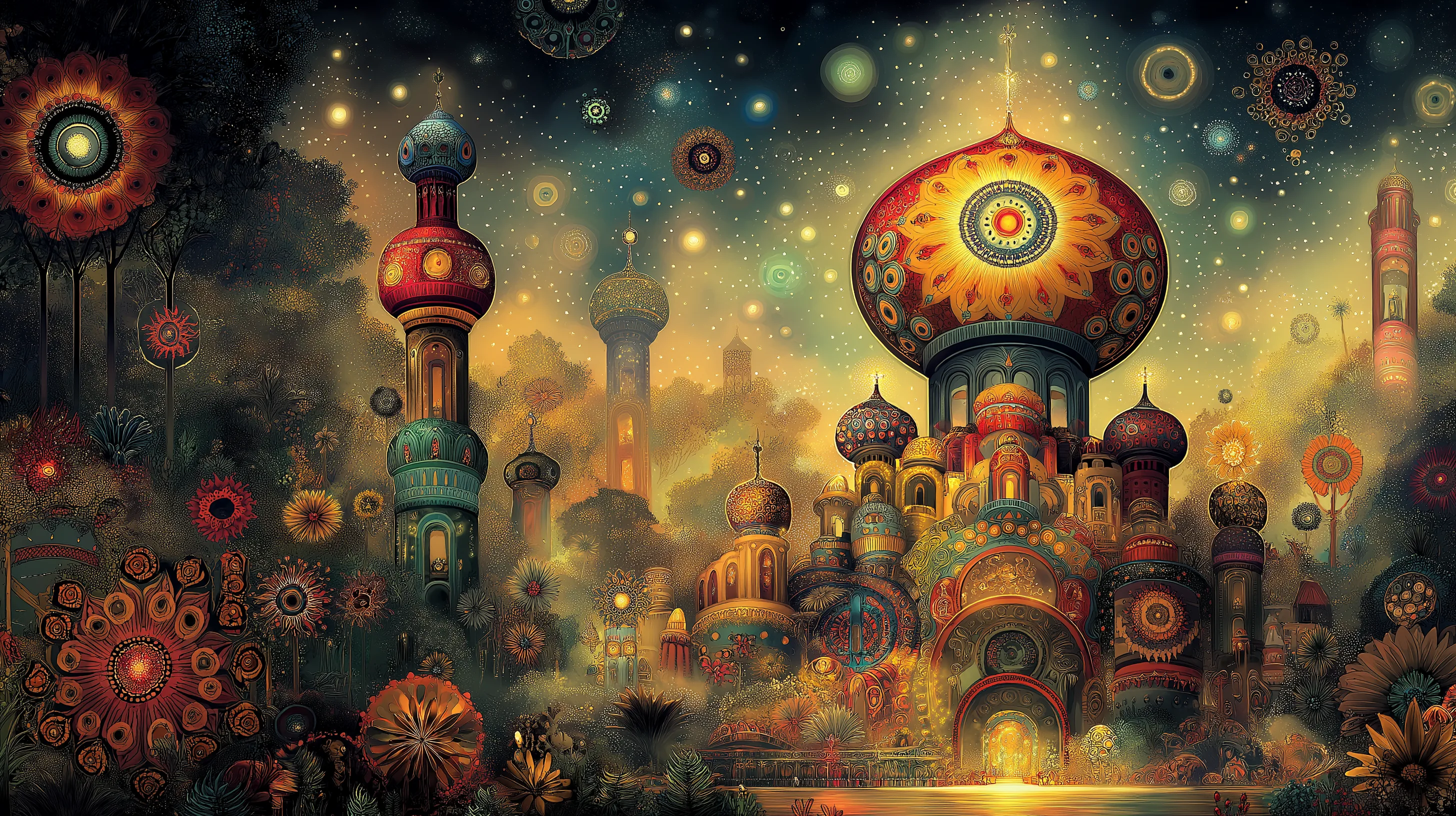 Fantastical hillside town under a giant red dome decorated with a sunflower mandala, windows glowing beneath a starry sky.