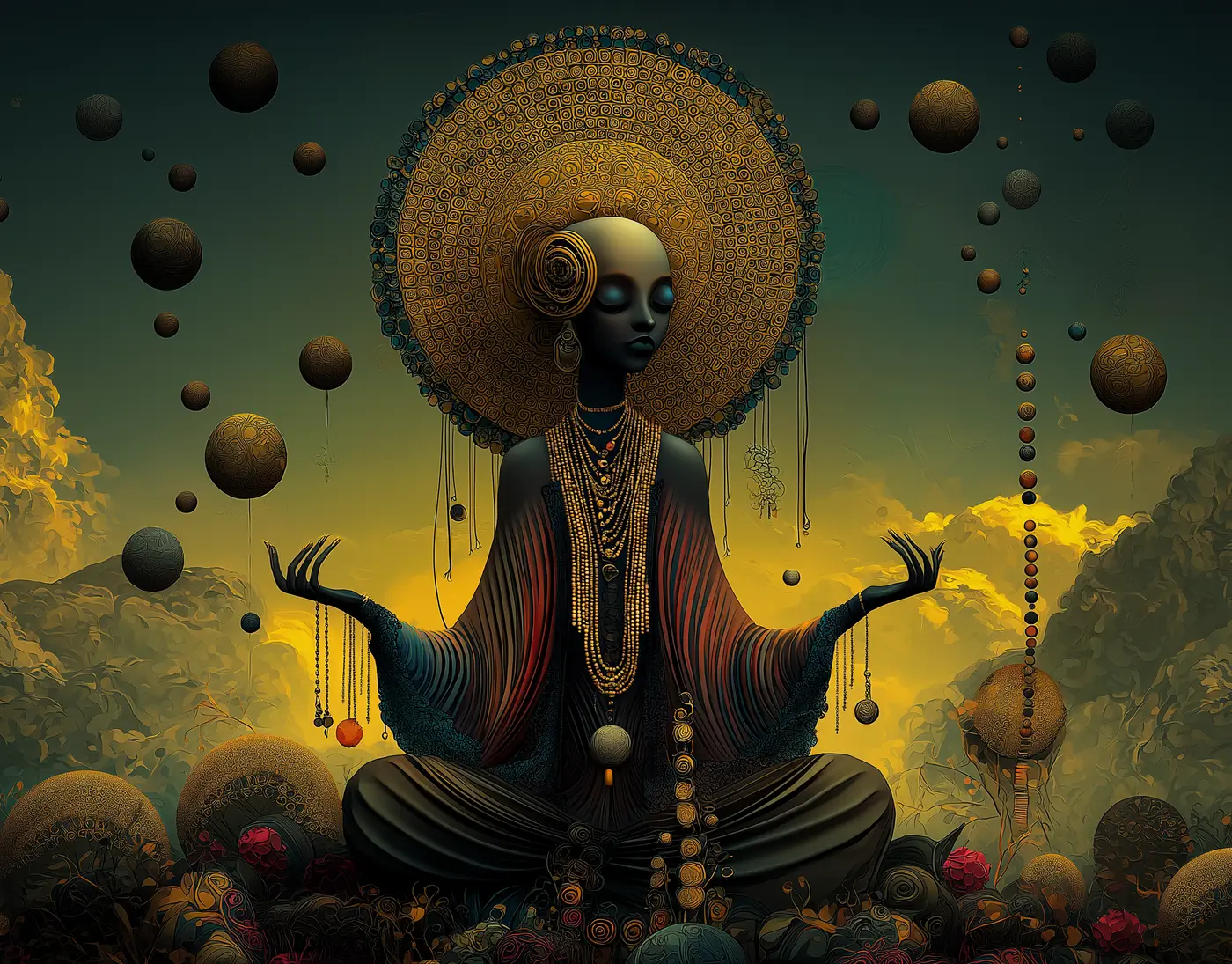 Afrofuturist figure seated in meditation beneath a large golden halo-like disc, surrounded by floating spherical forms in a glowing celestial landscape.