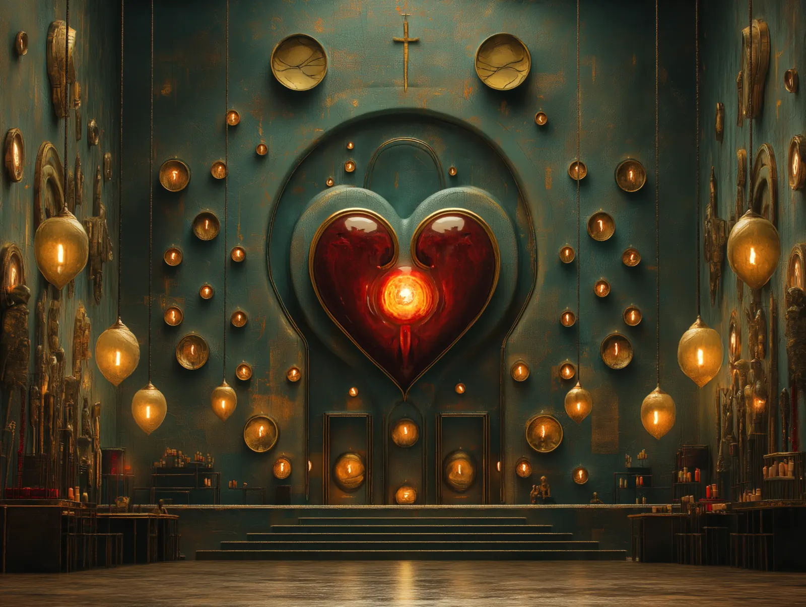 Monumental teal and amber interior centered on a glowing red heart shrine surrounded by suspended lights and symmetrical architectural details.